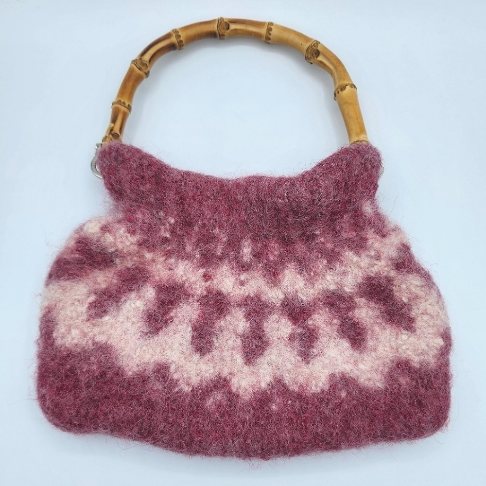 Pink Handmade Wool Handbag With Bamboo Handle #2413